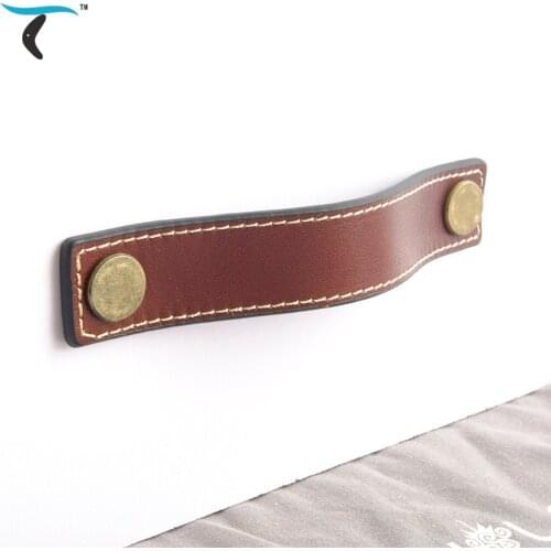 Italian doublesided cowhide leather knob handle cabinet sideboard wardrobe shoe drawer door pull knobs furniture brass hardware