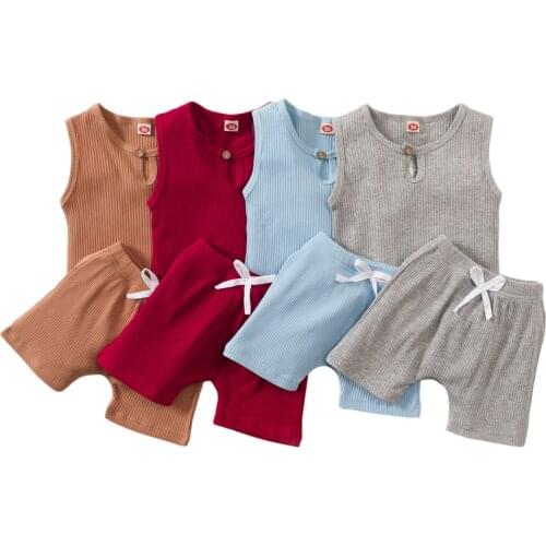 Summer Toddler Baby Girl Boys Clothes Set Solid Cotton Sleeveless Top + Shorts Toddler Outfits Casual Children Clothing Set