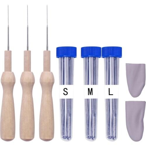 MIUSIE 60PCS 3 Size Felting Needles Kits Wool Felting DIY Tools with 3 Blue Bottles and 3 Wooden Handles 1 Pair Finger Protector