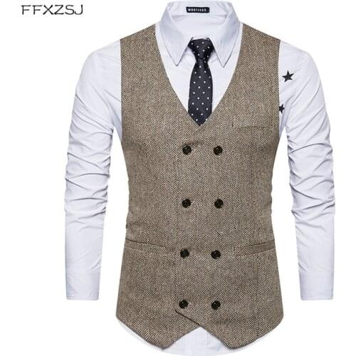 Fashion Double Breasted Woolen Suit Vest Men 2018 Spring New Sleeveless Wool Vest Waistcoat Mens Slim Fit Wedding Business Vests