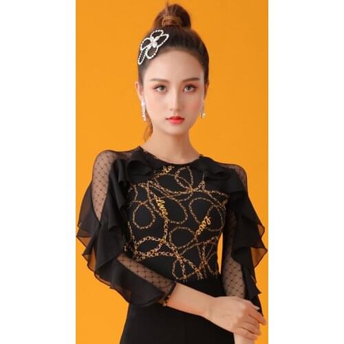 New Modern Dance Tops Female Latin Dance Practice Clothing Professional Lace Long Sleeve Shirt Rumba Tango Dance Blouse DQL4663
