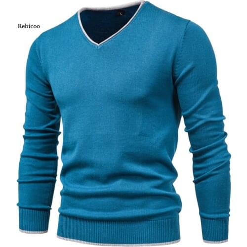 New Cotton Pullover V-neck Mens Sweater Fashion Solid Color High Quality Winter Slim Sweaters Men Navy Knitwear