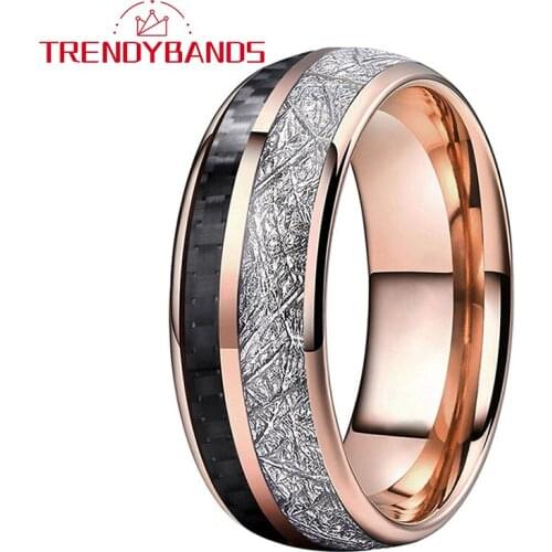 Rose Gold 8MM Tungsten Wedding Band For Men Women Ring Black Carbon Fiber Bright Meteority Inlay Comfort Fit