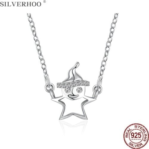 SILVERHOO Cute Christmas Snowman With Luxury Cubic Zirconia Pendant Necklaces Sterling Silver 925 Jewelry For Women Party Gift
