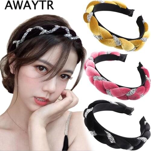 AWAYTR Fashion Women Braid Crystal Hairband Velvet Cross Knot Headband Adult Shiny Headwear Wide Side Turban Hair Accessories