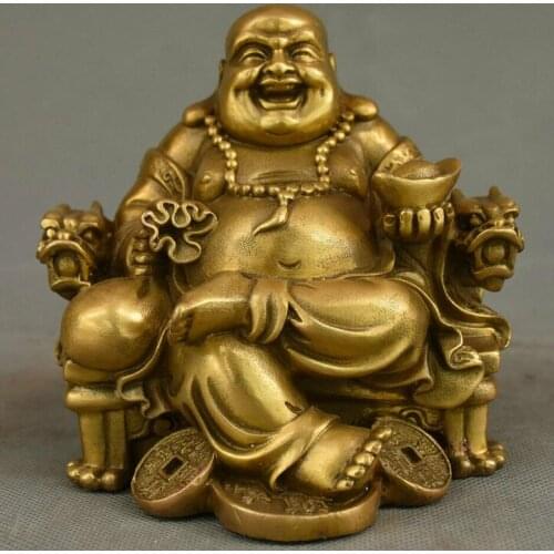 Rare China Buddhism Brass Dragon Chair Wealth Happy Laugh Maitreya Buddha Statue