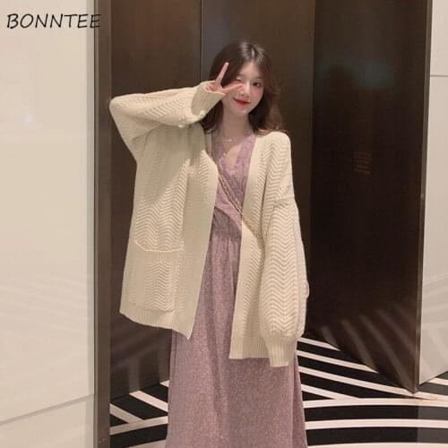 Sweaters Women Vintage Knitted V-Neck Cardigans Loose Standard Solid All-match Pockets Students Clothing Fall Beige BF Style Ins