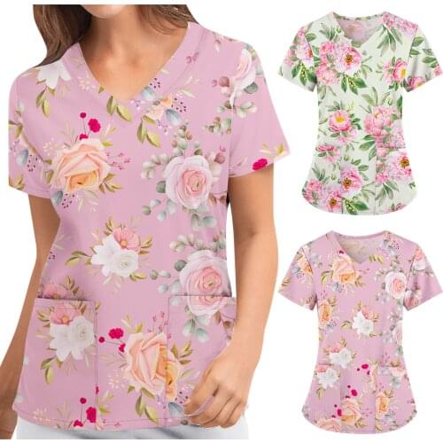 Workwear Nurse Tops Short Sleeve V-neck Rose Floral Pattern Print Nursing Tops for Women Casual with Pocket Uniforme Enfermera