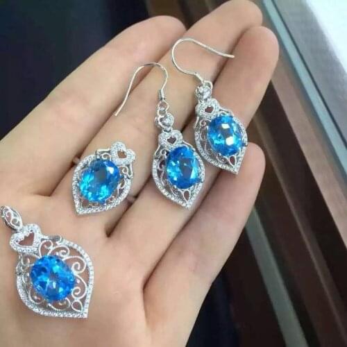 Fashion grace Natural blue topaz Water drops Ring Pendant Earrings Natural Gemstone Jewelry Set 925 Silver Women party jewelry