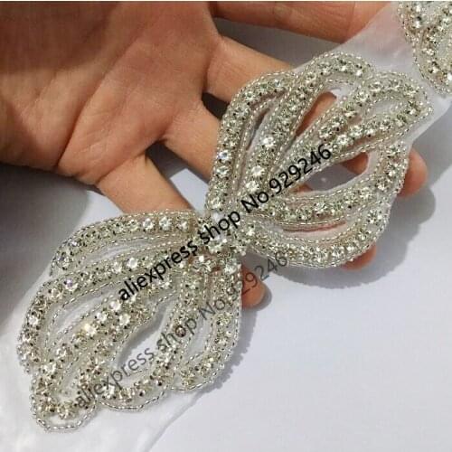 2pc/lot fashion 6*14cm butterfly-tie white crystal rhinestone applique for bridal hairdress wedding dress garment hat decoration