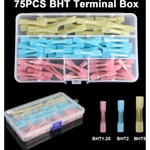 75pcs Heat Shrink Butt Terminals Wire Connector Electrical Crimp Butt BHT1.25 BHT2 BHT5 Waterproof Solder Seal Connector Kit