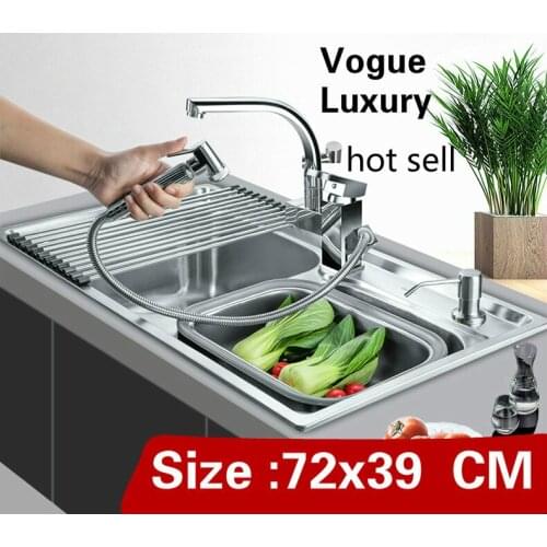 Free shipping Luxury high capacity wash vegetables vogue kitchen double groove sink 304 stainless steel 72x39 CM