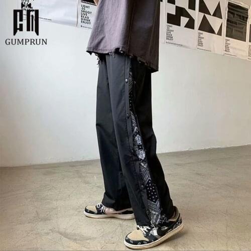 Breasted Pants Male Korean Version Straight Casual Pants Cashew Flower Stitching Hip-Hop Loose Summer Sports Trousers Joggers