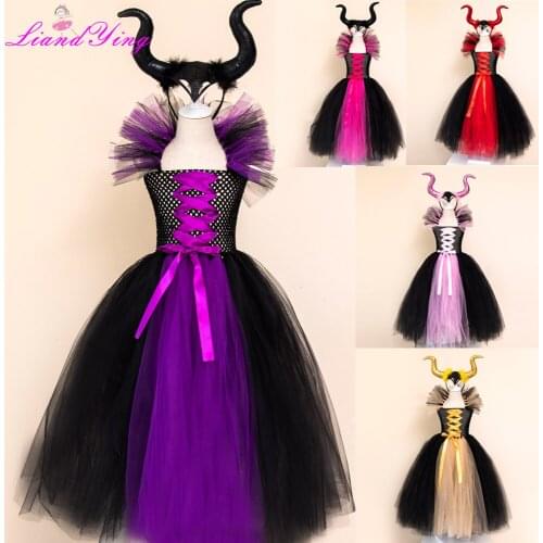 Black Halloween Costumes Kids Girls Tutu Dress Ankle Length Dresses Devil Costume Cosplay Outfits Horns