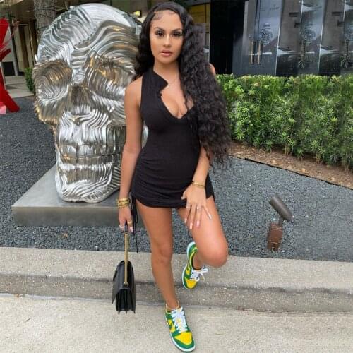 DSMTRC Sleeveless Black Street Style Baddie Clothing Bodycon Dresses Deep V Neck Drawstring Ruched Turn Down Collar Mini Dress