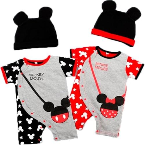 Newborn Baby Short Mickey Minnie Sleeve Rompers Hat 2Pcs Set Cartoon Boys Girl Jumpsuit Infant Costume Baby Clothes Suits