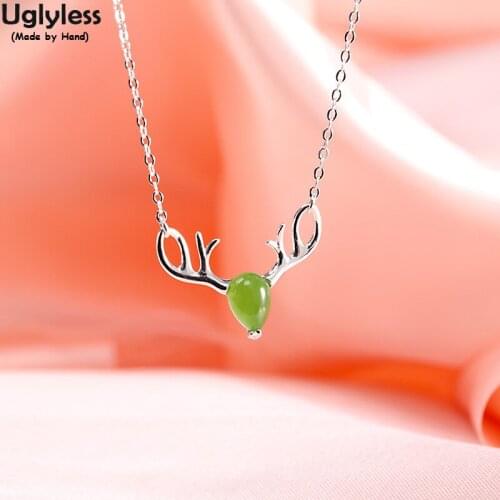 Uglyless MINI Water Drop Jasper Deer Chokers for Women Creative Animals Pendants Necklaces + Chains 925 Silver Christmas Gifts