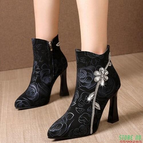 Fashion Printed Crystal Ankle Boots for Women Pointed Toe High Heels Boots Woman 2021 New Black Blue Elegant Shoes Lady