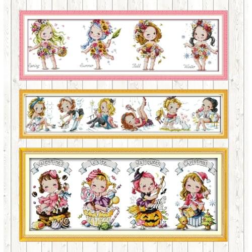 Flower Girl DIY Cross-stitch Kit Needlework Set for Embroidery Aida 14ct 11ct Counted Printed on Canvas Cotton Thread Home Decor