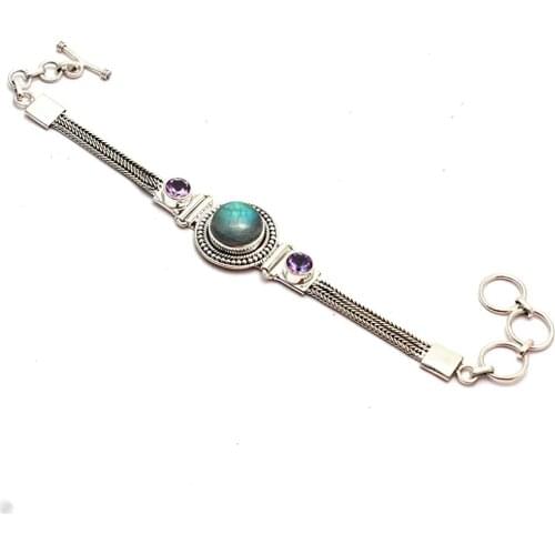 Genuine Labradorite + Amethyst Bracelet 925 Sterling Silver, 19 cm, GRPB0511