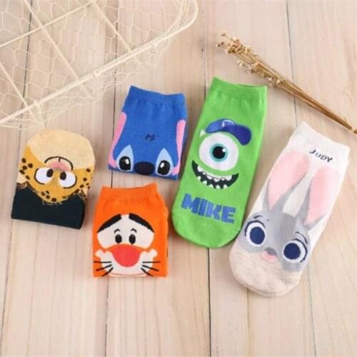 Disney Socks Zootopia Cute Animal Stitch Rabbit Simba Socks Harajuku Cartoon Print Cotton Funny Casual Soft Boat Sock Girl