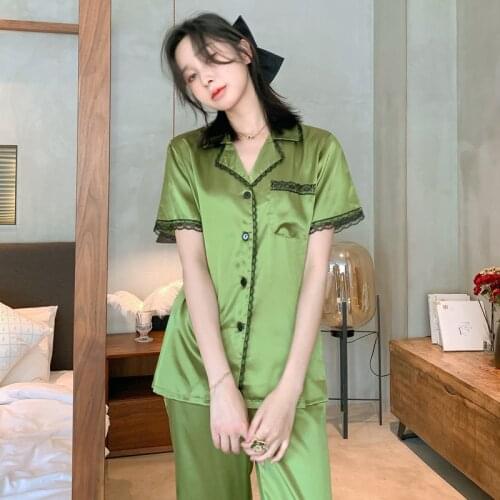 Summer New Green 2PCS Ice Silk Pajamas Suit Ladies Sweet Lace Trim Sleepwear Spring Autumn Loose Nightwear Lounge Home Clothes