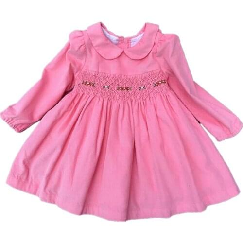 Autumn Girls Dress Toddler Kids Girl Smocked Handmade Bow Embroidered Long Sleeve peter pan collar princess Dress