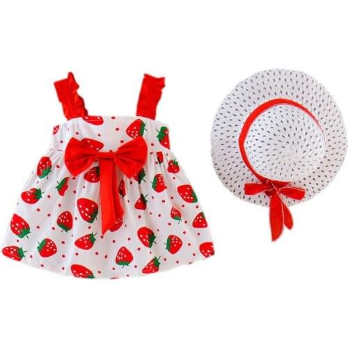 Baby Girls Dress 2021 Summer New Childrens Clothing Sweet Strawberry Bow Print Sling Dress + Hat Suit Childrens Clothes1-4Y