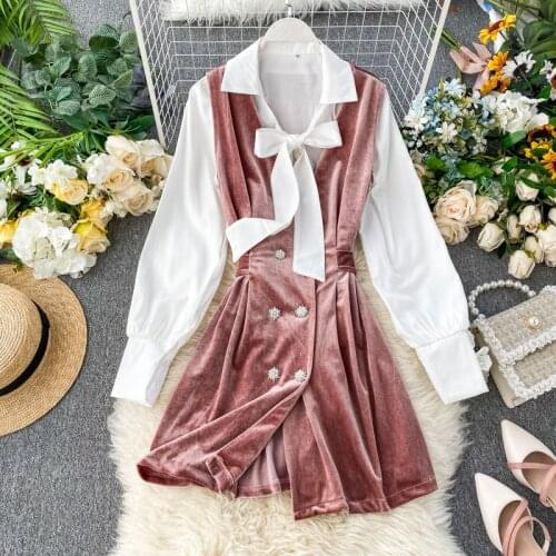 2019 fashion womens clothing Suit shirt dress office ladies velvet dresses autumn winter high waist women dress