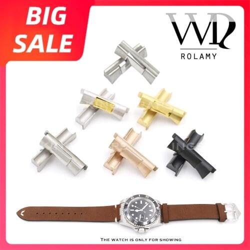 Rolamy 20mm Top Quality Luxury Silver Rose Gold Solid Curved End Link For Rolex Submariner Daytona GMT Watch Band Rubber Leather