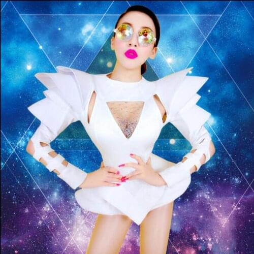 Sexy costumes white Should Bodysuits costumes DJ dance stage clothes for singers