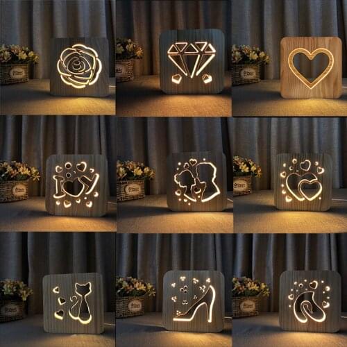 Acecorner LED USB Night Light Wooden Lamp Love Rose Flower Novelty Bedroom 3D Decoration Table Lights Valentines Day Gift