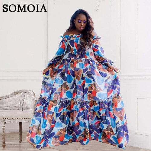 Plus Size Loose African Dresses for Women Vintage Print Stretchy Slash Neck Chiffon Maxi Dress Temperament Casual Ruffles Dress