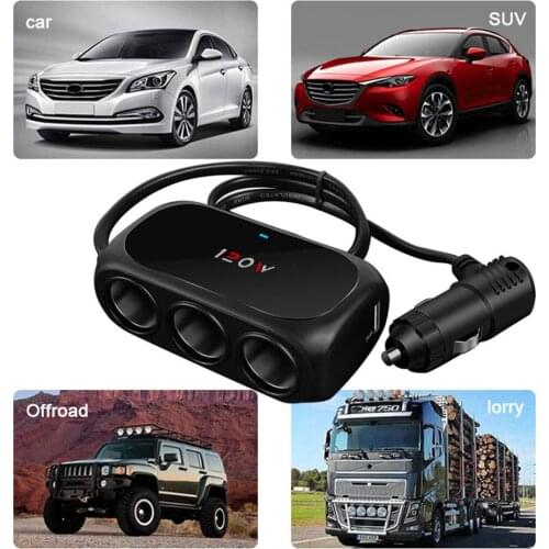 Universal 3 Ways Car Cigarette Lighter 12V/24V Adapter Socket 120W Power Adapter Dual USB Fast Car Charger with LED Light