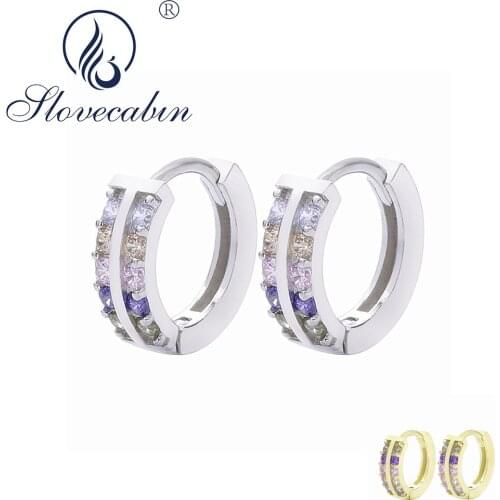 Slovecabin 925 Sterling Silver Rainbow Crystal Hoop Huggies Earrings Women Colorful High Quality Zircon European Wedding Jewelry