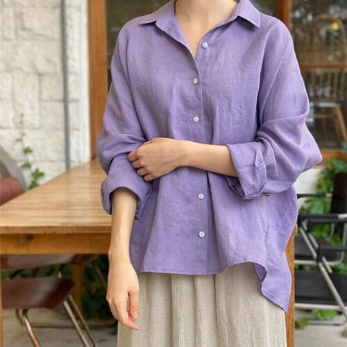 Johnature New Autumn Korean Solid Color Loose Women Tops And Blouses 2021 New Turn-down Collar Irregular Female Shirts