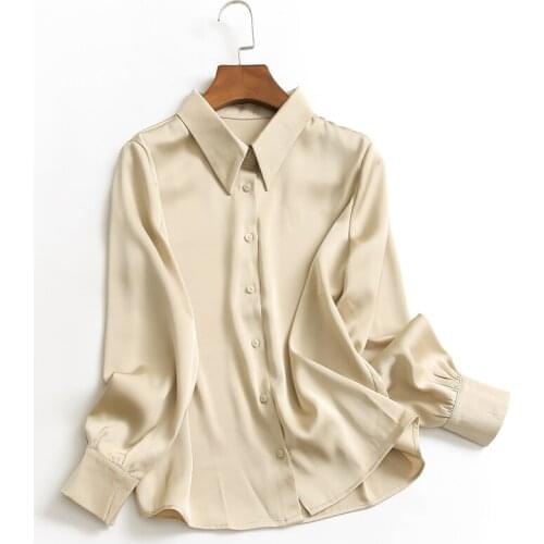 Womens Spring Autumn Designer Solid Color Thin Satin Shirt Female Casual Loose T Shirt Top TB194