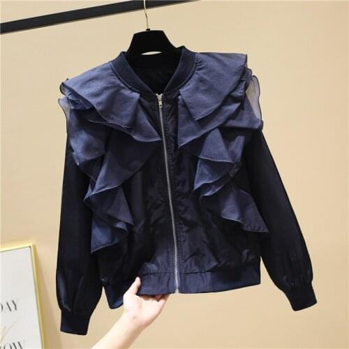 2021 Spring Fashion New Solid Ruffles Patchwork Zippered Women Jacket Loose Casual Stitching Ladies Jacket