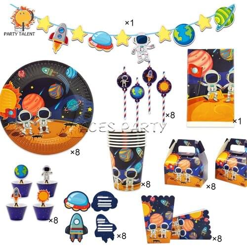 66Pcs for 8kids Boys Astronaut Solar Space theme birthday party supplies tableware set, plate glass straw banner tablecloth etc