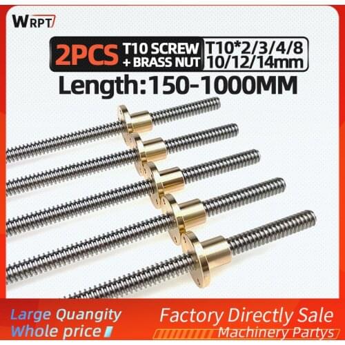 CNC 3D printer 2PCS T10 trapezoidal rod lead screw thread 10mm lead 2/ 3/ 4 / 8 / 10 / 12 / 14mm with brass nut, L=150MM-1000MM