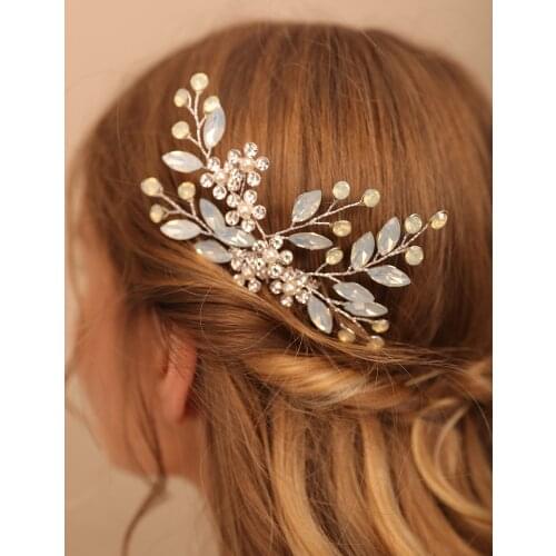 Elegant Ladies Wedding Accessories Opal Flowers Hair Comb Gold Silver Headpieces for Woman Headdresses Side Hair Clips for Bride