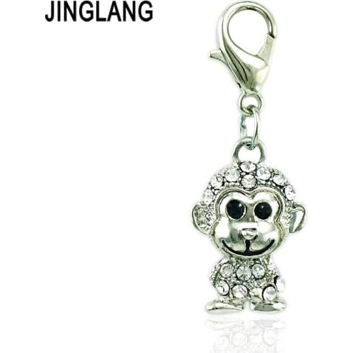 JINGLANG 50pieces/Lot White Rhinestone Monkey Charms Lobster Clasp Animals Pendants DIY Charm For Jewelry Making Accessories