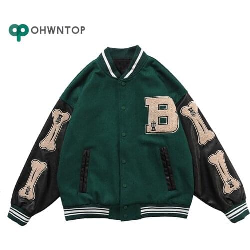 2021 New Sleeve Leather Patchwork 3 Color Optional Harajuku College Style Bomber Jacket Men Baseball Coats Hip Hop Jackets Tops