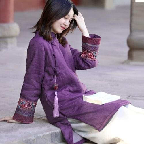 LZJN Women Winter Padded Tang Suit Outerwear Embroidered Traditional Chinese Meditation Zen Tops with Tassel