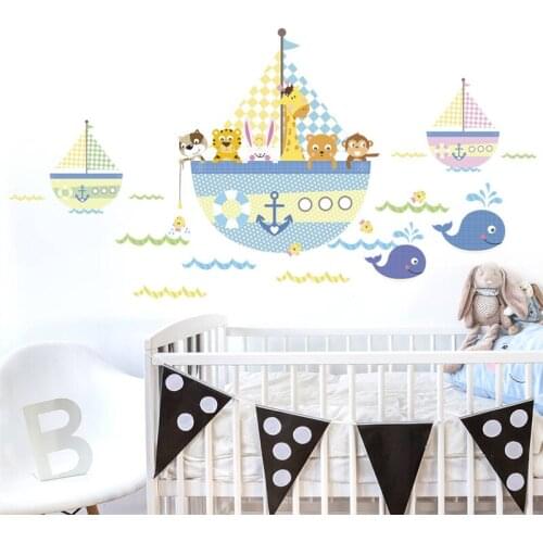 Cute Animal In Sailing Boat Wall Stickers For Kids Bedroom Bathroom Home Decoration Cartoon Mural Art Diy Safari Wall Decal