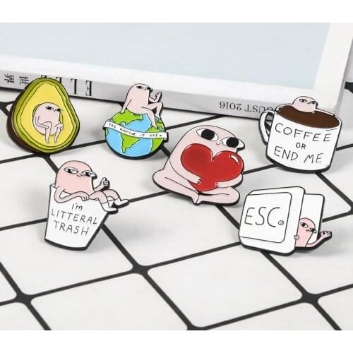 Cartoon cute Brooches Spiced corned egg Lapel enamel Pins Badges Avocado coffee Keyboard button Earth Holding love Jewelry gift