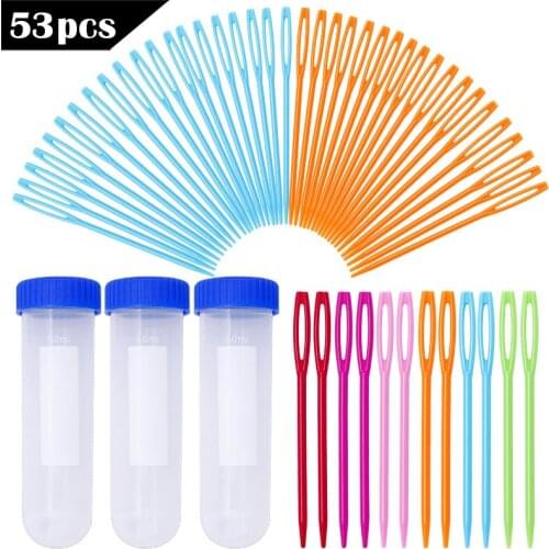LMDZ 50Pcs 7cm Plastic Sewing Needles Crochet Hook +3pcs Storage Needle Bottle For DIY Sweater Weaving Wool Yarn Needle