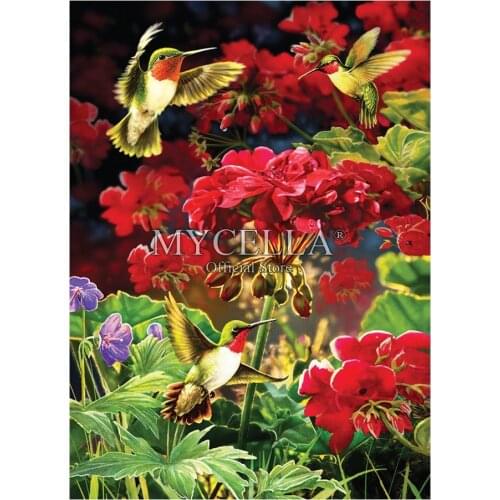 Full 5D DIY Diamond Painting Ruby Geraniums Hummingbird Embroidery Cross Stitch Mosaic Decor Gift Needlework Flowers Posters