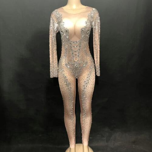 Luxury Full Diamonds Long Sleeve Nude Jumpsuit Nightclub Singer Pole Dancing Stage Wear Evening Prom Birthday Party Costumes