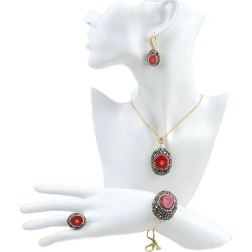 Luxury Women Jewelry Set Natural Red Stone Zirocn Pendant Necklace Earrings Ring Bracelet Party Evening Fine Accessories Fashion